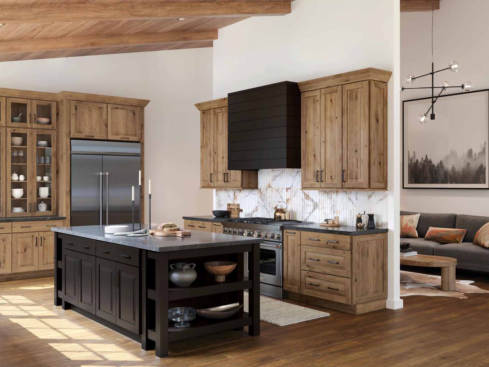 Custom kitchen with wood cabinetry and stone countertops