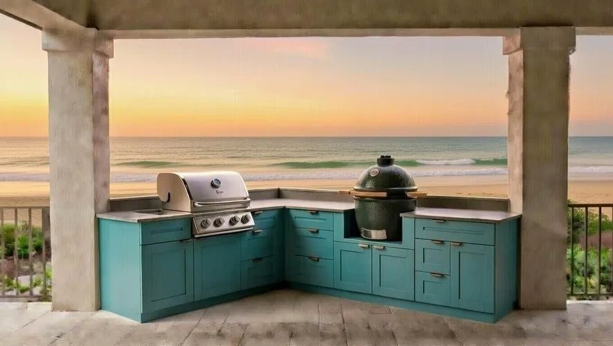 Coastal-style outdoor kitchen at sunset near water