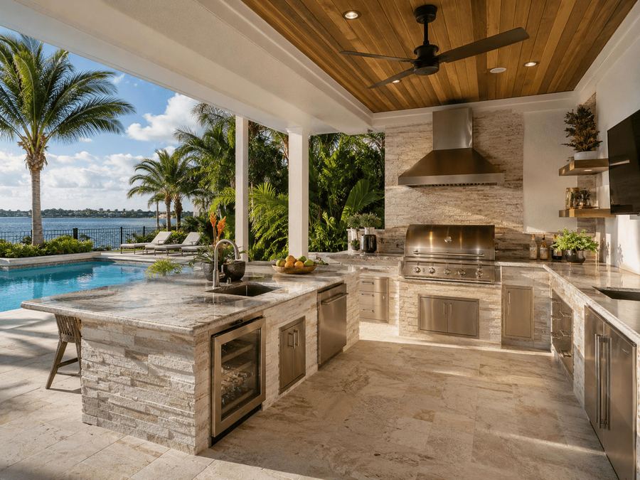 Covered outdoor kitchen with built-in grill overlooking pool and palms, Central Florida